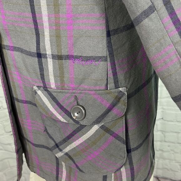 Volcom flannel/plaid double breasted jacket with Faux Fur Hood Medium - Picture 5 of 11